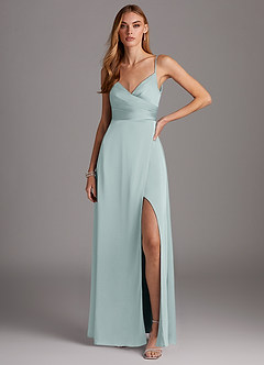 Azazie Calissa Bridesmaid Dresses Mist A-Line V-Neck Pleated Stretch Satin Dress image1