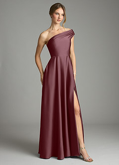 Azazie Melanie Bridesmaid Dresses Sangria A-Line Off the Shoulder Stretch Satin Dress image5