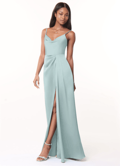Azazie Brielle Bridesmaid Dresses Mist A-Line Cowl Spaghetti Straps Stretch Satin Dress image3