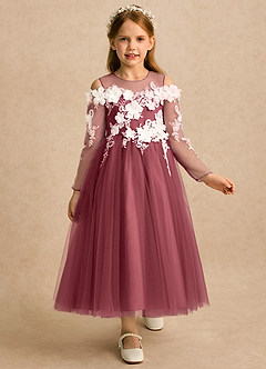 Azazie Lilah vestidos de niña de las flores Vestido Merlot de Tul de Línea A con Encaje image1