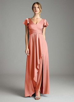 Azazie Omari Bridesmaid Dresses Coral A-Line Stretch Satin Dress image3
