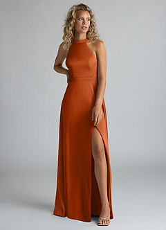 Azazie Clarice Brautjungfernkleider A-Linie Hoher Kragen Stretch-Satin Kleid Gebranntes Orange image5