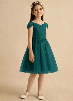 Azazie Lila Girls Formal Robe Demoiselle D'honneur Fillette Robe Trapèze en Tulle Épaule décolletée Paon image5