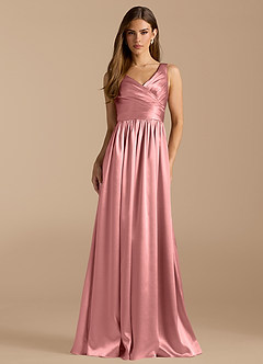 Azazie Keyla At-home Try On Dresses Auburn A-Line Pleated Metallic Satin Dress image1
