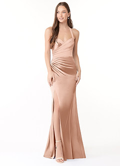 Azazie Emeria Bridesmaid Dresses Rose Gold Mermaid Pleated Stretch Satin Dress image1