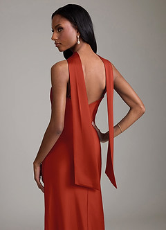 Azazie Cassiana Jurken voor bruidsmeisjes Jurk van Stretch Satijn met Zeemeermin Geplooid Roest image4