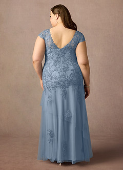 Azazie Romy vestidos de madre de la novia Vestido de Azul Polvoriento de Tul de Sirena con Cuello en V Lentejuelas image8