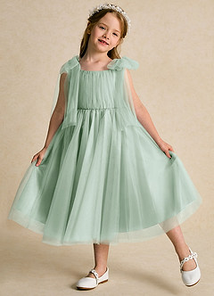 Azazie Dori Robe Demoiselle D'honneur Fillette Robe Trapèze en Tulle Rayé Agave image4