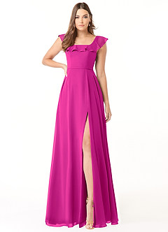 Azazie Jinny Brautjungfernkleider A-Linie Quadratischer Ausschnitt Gerüscht Chiffon Kleid Fuchsia image1