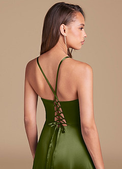 Azazie Maksim Bridesmaid Dresses Olive A-Line Metallic Satin Dress image2