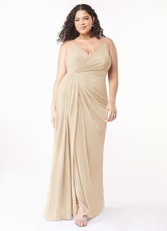 Azazie Evalin Bridesmaid Dresses Champagne A-Line V-Neck Pleated Mesh Dress image7