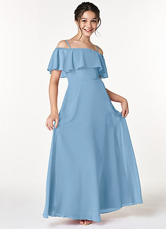 Azazie Maggie Junior Steel Blue A-Line Off the Shoulder Chiffon Dress image3