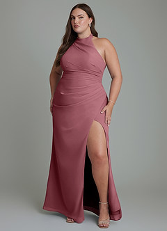 Azazie Jemma Robes de demoiselle d'honneur Robe Fourreau en Mousseline de soie Plissé Rose Du Désert image7
