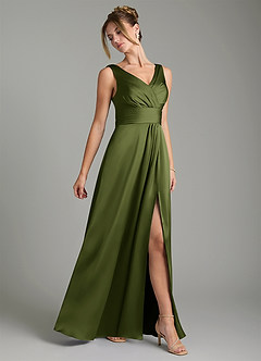 Azazie Karina Bridesmaid Dresses Olive A-Line Pleated Stretch Satin Dress image4