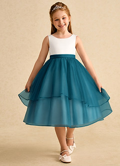 Azazie Rene Flower Girl Dresses Ivory Ink Blue A-Line Bow Tulle Dress image4