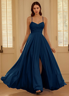 navy a line formal dress Satelia V-neckline A-Line Prom Ready to Ship elegant midnight blue dark blue prom dresses