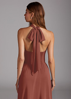 Azazie Myra Robes de demoiselle d'honneur Robe Trapèze en Satin extensible Fente Latérale Auburn image2
