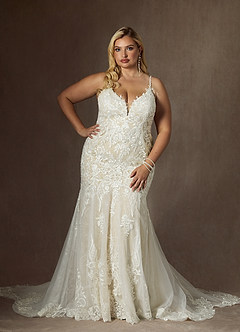 Azazie Camlynn Wedding Dresses Diamond White Champagne Mermaid V-Neck Sequins Tulle Dress image11