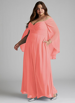 Azazie Cienna Bridesmaid Dresses Coral A-Line Off the Shoulder Chiffon Dress image10