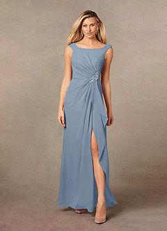 Azazie Yarrow Mère de la mariée Robes Robe Trapèze en Mousseline de soie Plissée Bleu Poussiéreux image1