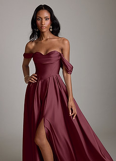Azazie Loisa Robes de demoiselle d'honneur Robe Trapèze en Satin extensible Épaule décolletée Cabernet image5