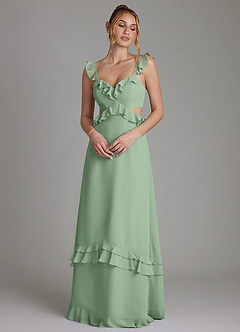 Azazie Malaya Vestidos de damas de honor Vestido de Matcha de Gasa de Corte en A con Corsé image1