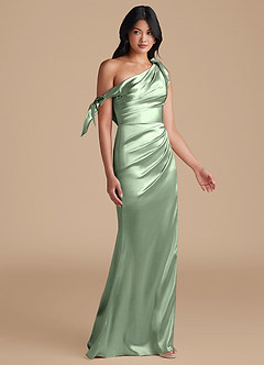 Azazie Xyla Robes de demoiselle d'honneur Robe Fourreau Convertible en Satiné métallisé Épaule décolletée Matcha image7