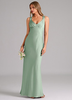 Azazie Kamila Bridesmaid Dresses Agave A-Line Pleated Stretch Satin Dress image5