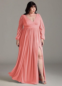 Azazie Norah Bridesmaid Dresses Coral A-Line V-Neck Long Sleeve Chiffon Dress image9