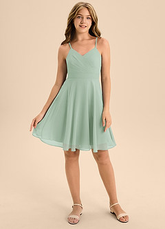 Azazie Avelina Junior Agave A-Line Pleated Chiffon Dress image1