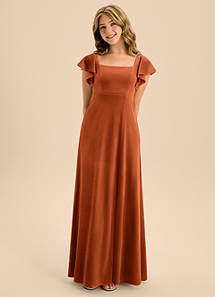 Azazie Bondi Junior Burnt Orange A-Line Bow Velvet Dress image1