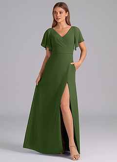 Azazie Ambrosia Brautjungfernkleider A-Linie Plissee Chiffon Kleid Olivgrün image3