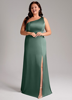 Azazie Phaedra Bridesmaid Dresses Eucalyptus A-Line One Shoulder Stretch Satin Dress image13