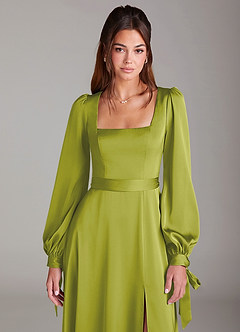 Azazie Leonia Jurken voor bruidsmeisjes Jurk van Stretch Satijn met A-Lijn Lange mouw Citroengras image6