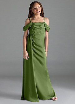 Azazie Amyra Junior Juniper Sheath Off the Shoulder Stretch Satin Dress image3