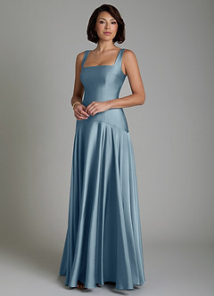 Azazie Reina At-home Try On Dresses Dusty Blue A-Line Pleated Stretch Satin Dress image6