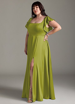 Azazie Bondi Bridesmaid Dresses Lemongrass A-Line Bow Stretch Satin Dress image9