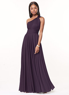Azazie Charlize Bridesmaid Dresses Plum A-Line One Shoulder Mesh Dress image1