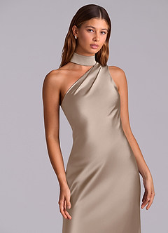 Azazie Seona Bridesmaid Dresses Taupe Mermaid One Shoulder Stretch Satin Dress image2