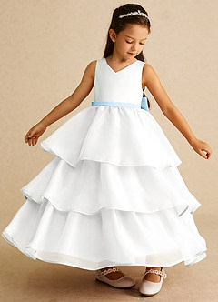 Azazie Sweetums vestidos de niña de las flores Vestido de Marfil Azul Cielo de Organza de Corte En A con Lazo image4