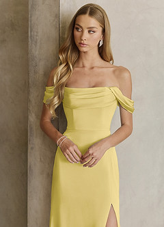 Azazie Saige Bridesmaid Dresses Canary Sheath Off the Shoulder Stretch Satin Dress image2