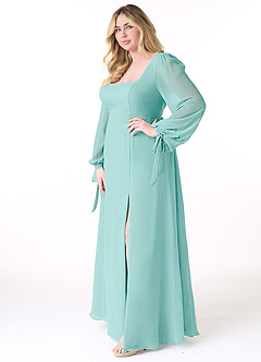 Azazie Leonia Bridesmaid Dresses Aqua A-Line Long Sleeve Chiffon Dress image10
