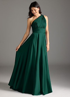 Azazie Charlize Bridesmaid Dresses Emerald A-Line One Shoulder Stretch Satin Dress image10