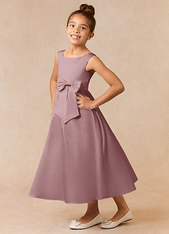 Azazie Lindy Flower Girl Dresses Dusty Rose A-Line Pleated Matte Satin Dress image1