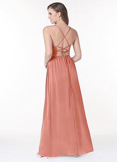 Azazie Raya Bridesmaid Dresses Coral A-Line V-Neck Pleated Stretch Satin Dress image2