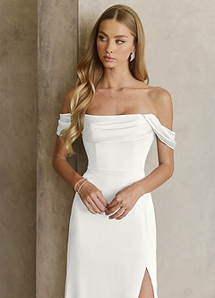 Azazie Saige Bridesmaid Dresses White Sheath Off the Shoulder Stretch Satin Dress image2