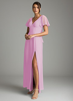 Azazie Kimber Vestidos de damas de honor Vestido de Rosa Caramelo de Gasa de Corte en A con Manga volante image5