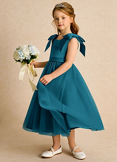 Azazie Serene Flower Girl Dresses Ink Blue Ball-Gown Bow Matte Satin Dress image2