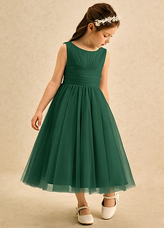 Azazie Macaron Flower Girl Dresses Dark Green A-Line Pleated Tulle Dress image1