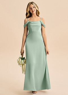 Azazie Lettie Junior A-Linie Schulterfrei Stretch-Satin Kleid Agave image2